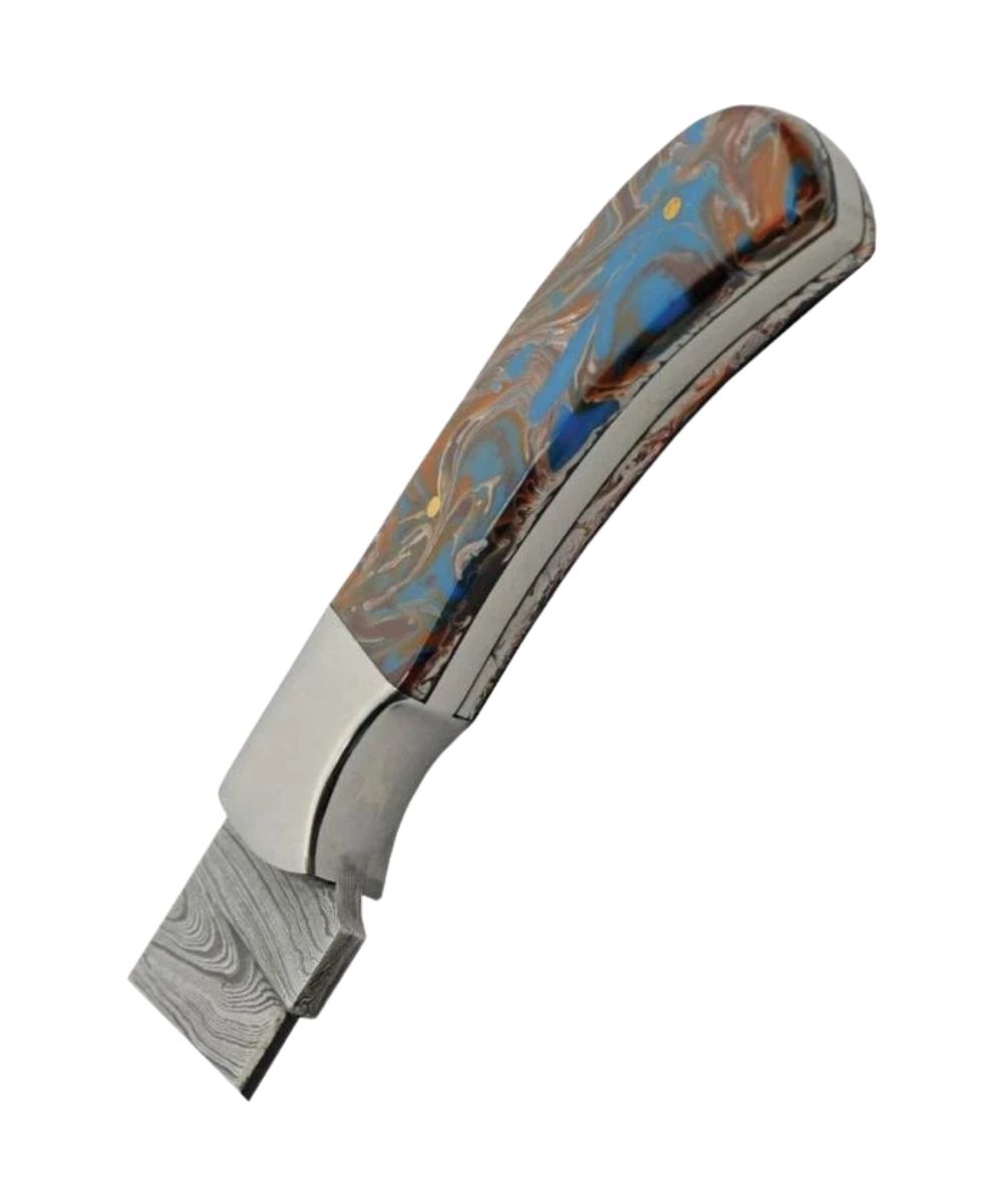 Close-up view of the blue and brown resin handle, featuring the 8.5" overall knife length