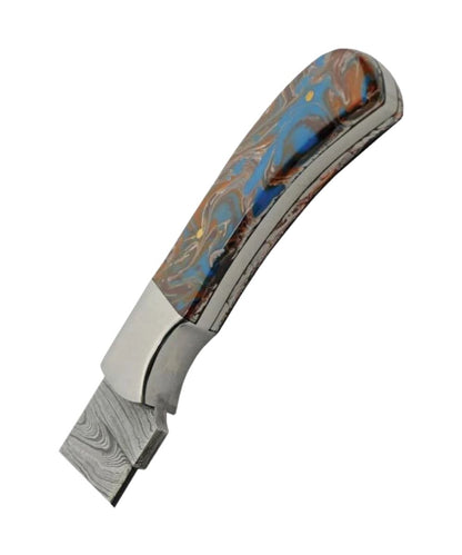 Close-up view of the blue and brown resin handle, featuring the 8.5" overall knife length
