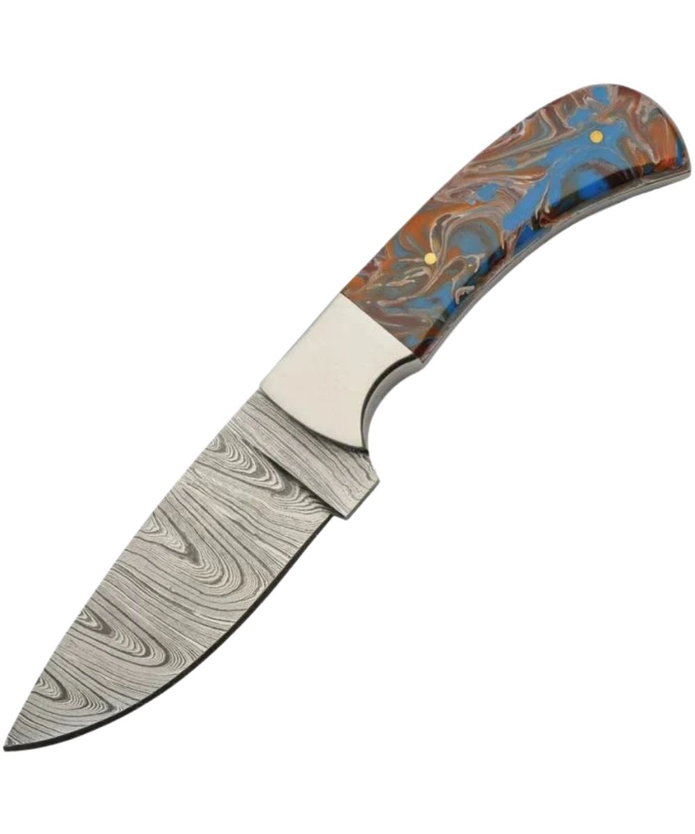 Side view of the Space Hunter full tang knife by Double D featuring the 4" fixed blade and the blue & brown resin handle 