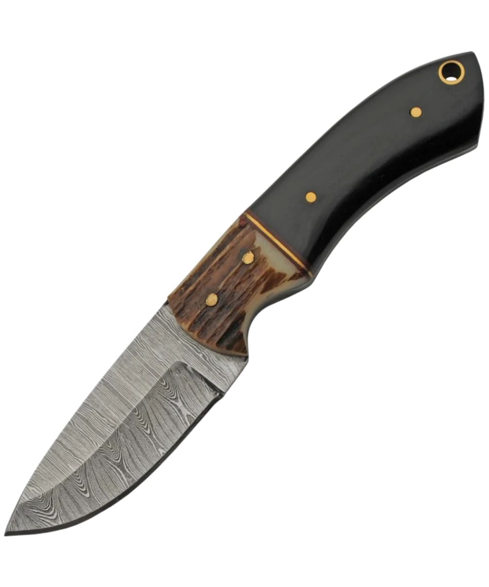 Side view of the Double D full tang knife featuring the 4" Damascus blade and the 3" stag bone and buffalo horn handle with lanyard hole