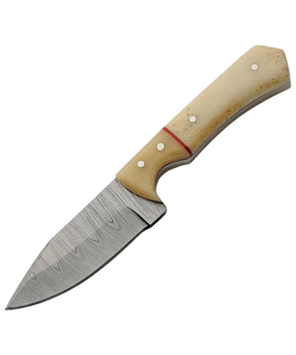 Side view of the Double D Damascus Skinner Bleached Bone Knife featuring the 3" damascus steel skinner blade, bleached bone handle, and 6.5" overall length
