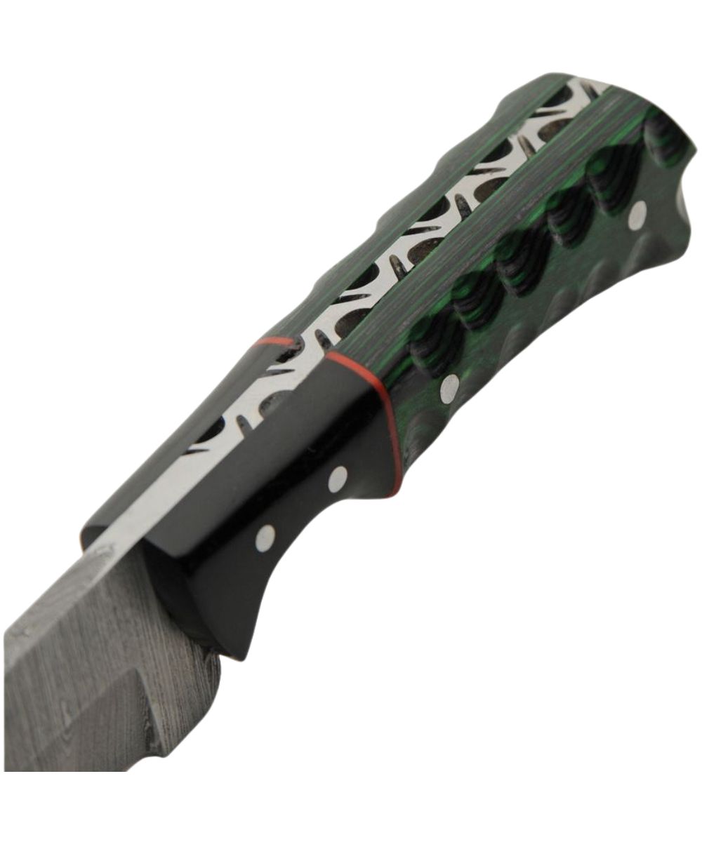 Close-up view of the green and black pakkawood handle