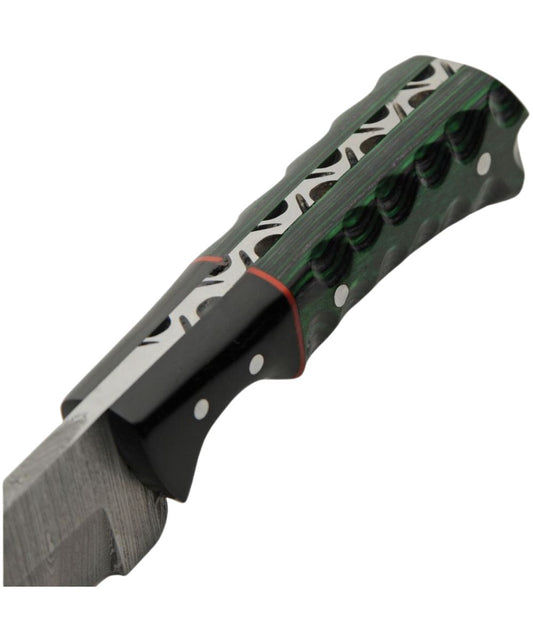 Close-up view of the green and black pakkawood handle