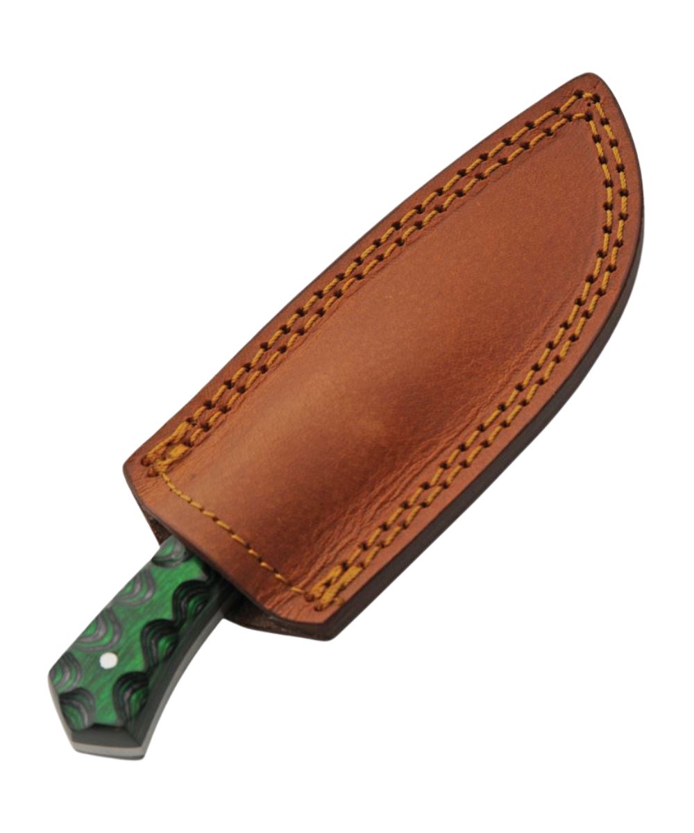 Side view of the brown leather sheath included and the overall length of 6.5"