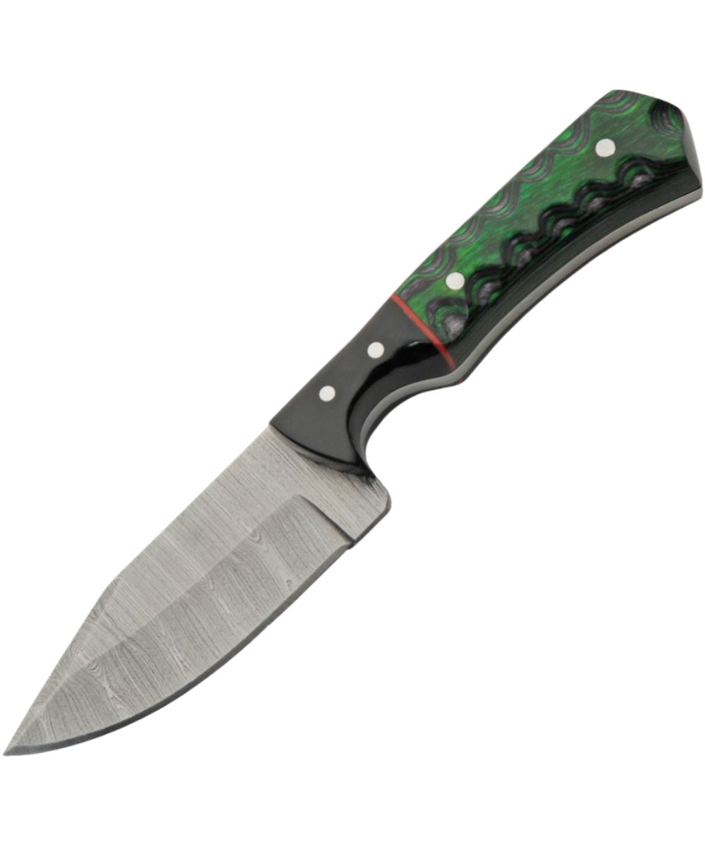 Side view of the silver & green Double D knife featuring the 3" Damascus steel fixed blade
