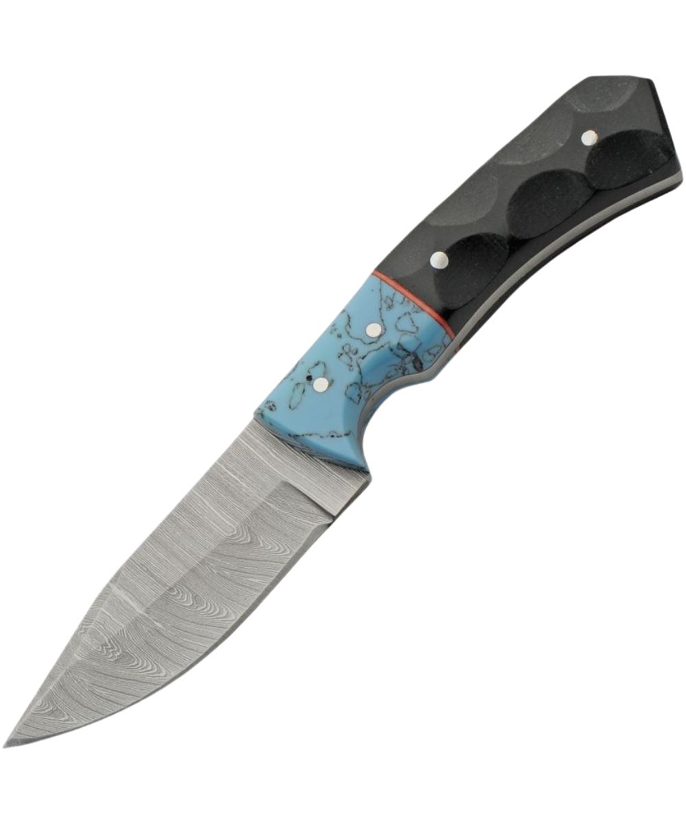 Double D damascus skinner knife featuring the 3" damascus steel blade and the turquoise resin and black micarta handle, overall length is 6.5"