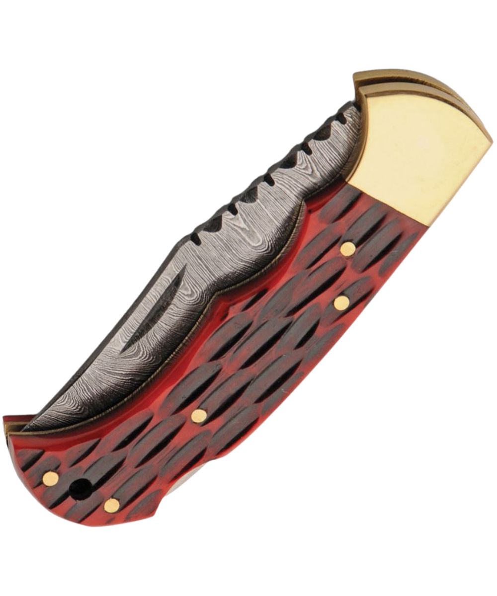Double D damascus steel blade folding knife featuring the lockback and red jigged bone handle