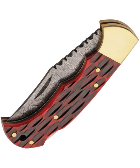 Double D damascus steel blade folding knife featuring the lockback and red jigged bone handle