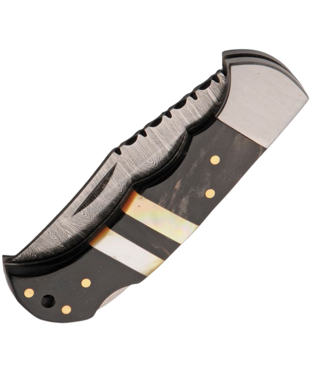 Closed view of the Double D Damascus steel blade folding lockback knife featuring the buffalo horn and mother of pearl handle