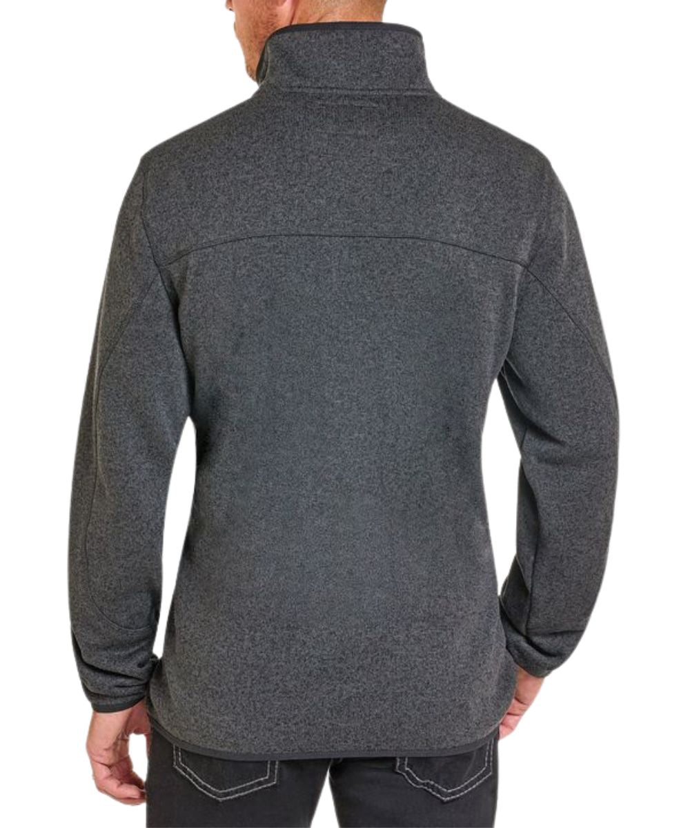 Back view of the men's black long sleeve henley pullover featuring the mock collar