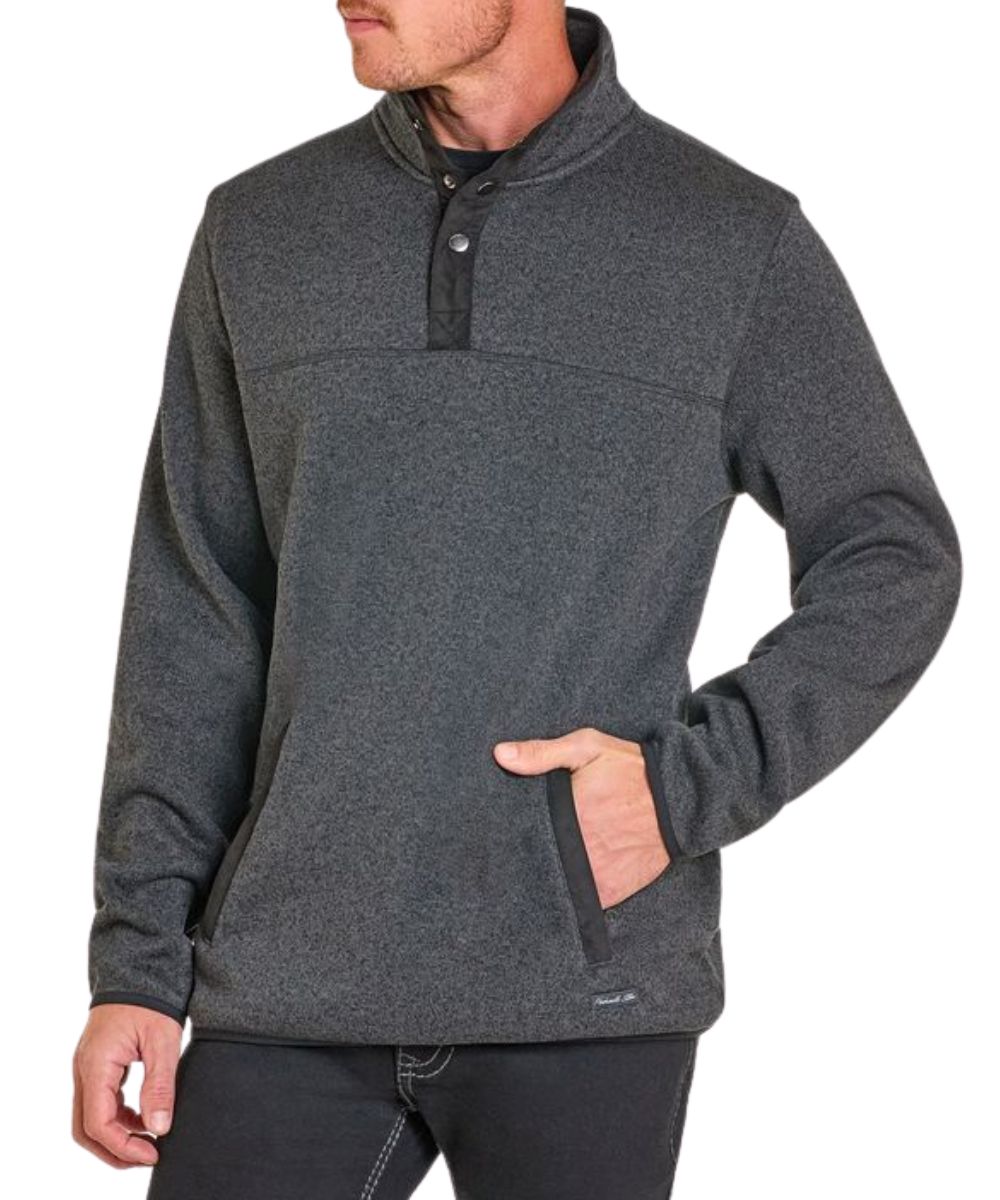 Front view of the men's Panhandle Slim black melange henley pullover featuring the 1/4 snap closure and kangaroo pocket