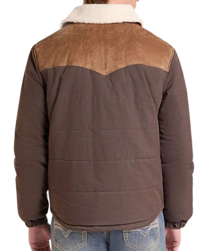 Back view of the men's chocolate puffer coat featuring the color blocked western suede yoke, berber lined collar, and adjustable snap cuffs