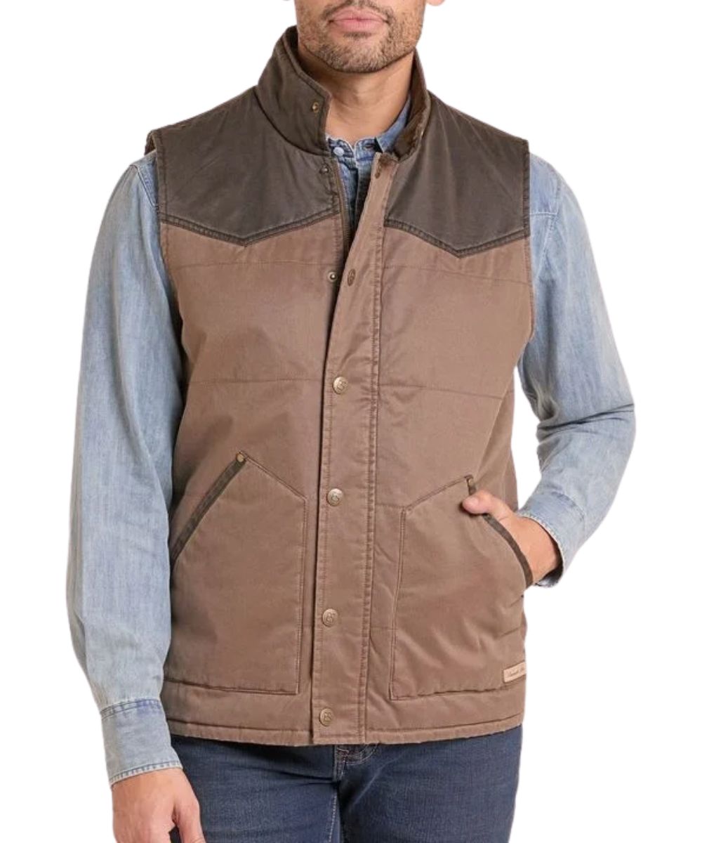 Front view of the men's chocolate brown Panhandle Oil Skin Canvas Vest featuring the mock collar, zip closure with snap storm flap, color blocked western yokes, and hand pockets
