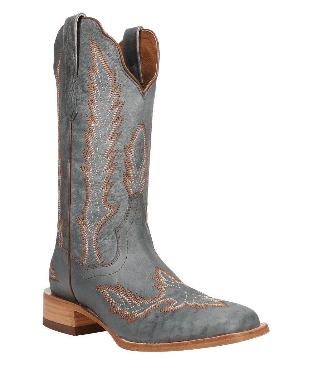 Side angled view of the women's Denita boot in blue leather featuring contrast brown western stitching.