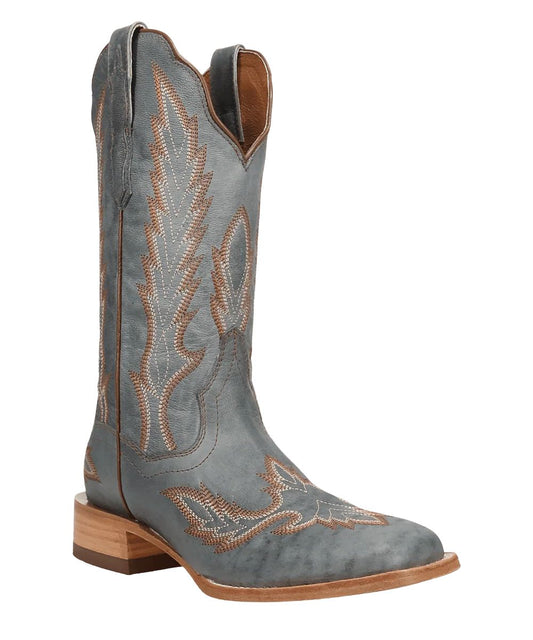 Side angled view of the women's Denita boot in blue leather featuring contrast brown western stitching.
