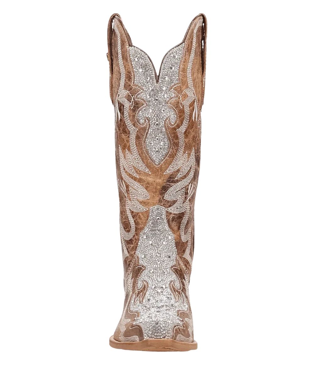 Front view of the women's tan boot with rhinestone embellished accents