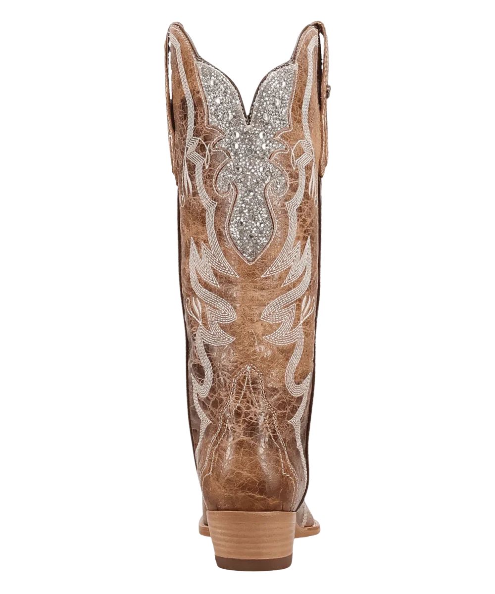 Heel view of the women's rhinestone boot featuring the 1" low western heel with a rubber heel cap