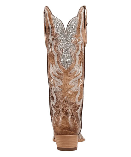 Heel view of the women's rhinestone boot featuring the 1" low western heel with a rubber heel cap