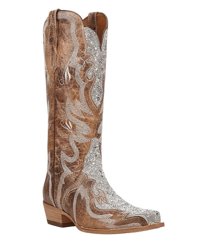 Right angled view of the women's tan Dan Post Glam Queen Western Boot featuring the 14" shaft, tan leather upper, western stitch design, and rhinestone embellishments