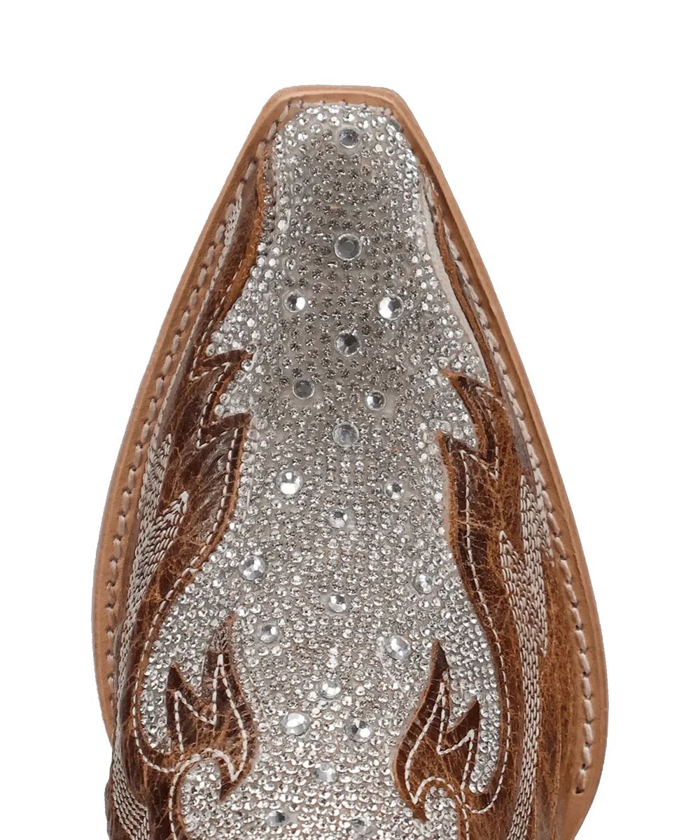 Close-up view of the rhinestone embellished snip toe