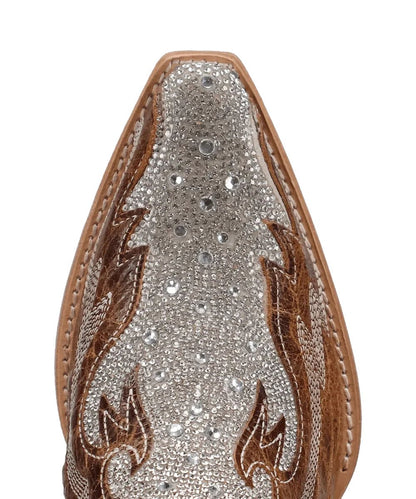Close-up view of the rhinestone embellished snip toe