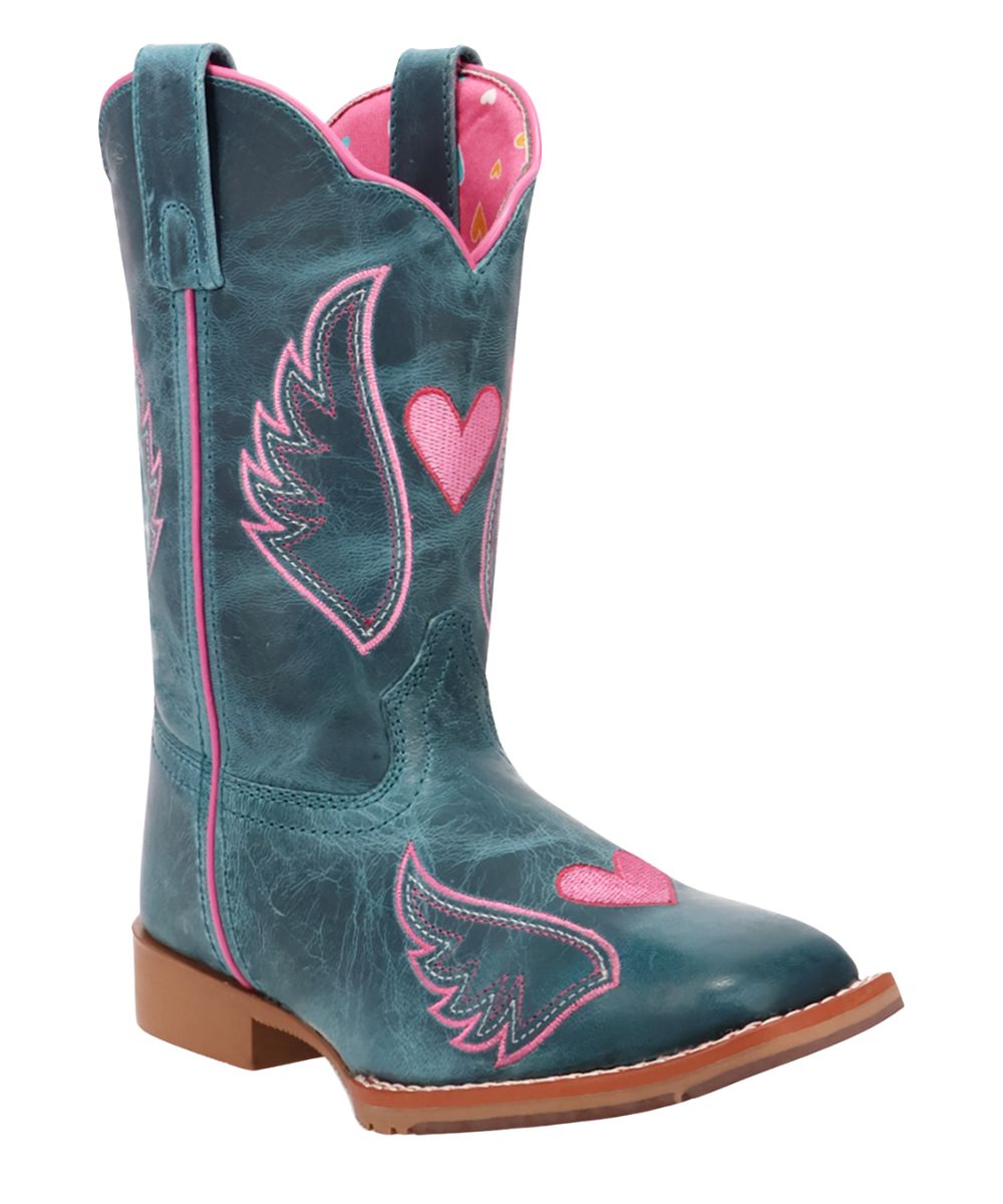 Right angled view of the girl's 8" leather turquoise boot 
