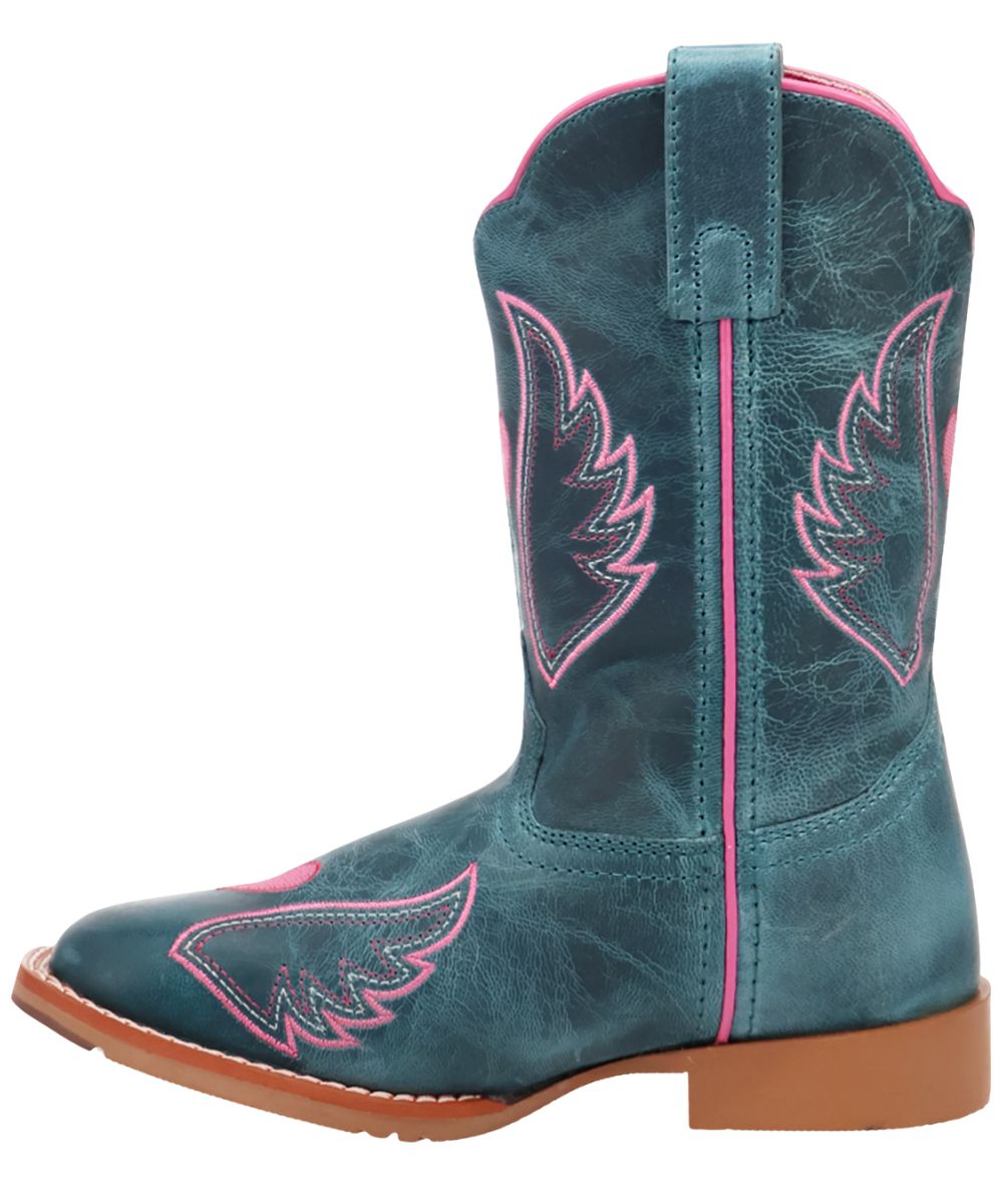 Left side view featuring the pink heart and wing embroidery, leather pull tabs, and pink piping