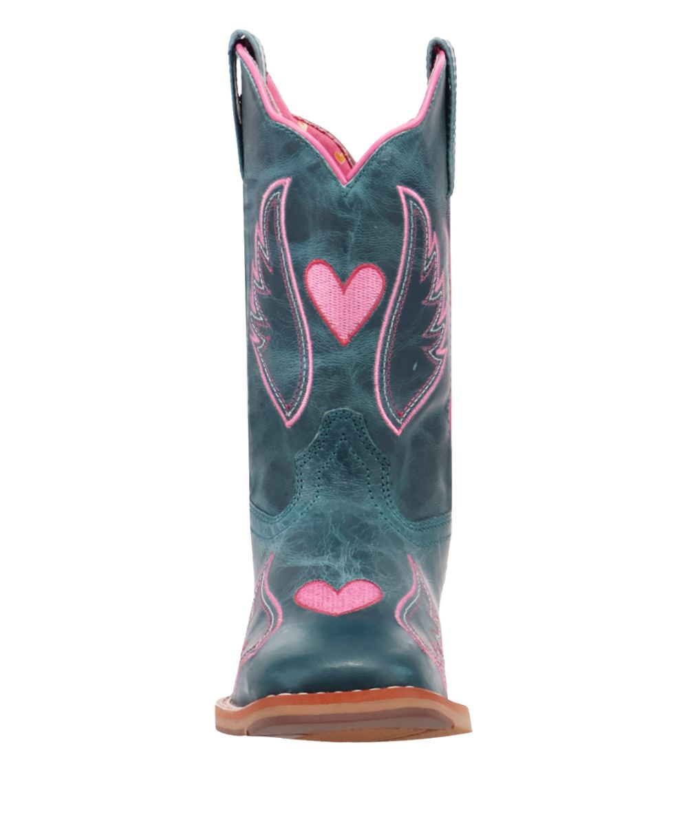Front facing view featuring the broad square toe and pink heart embroidery