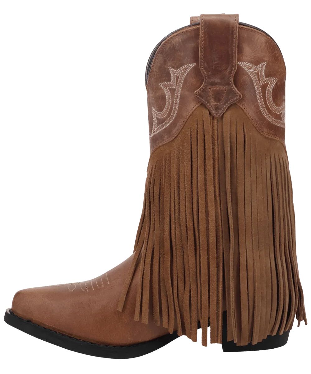 Left side view of the girl's 9" fashion boot featuring the fringe accents and pull tabs for an easy on