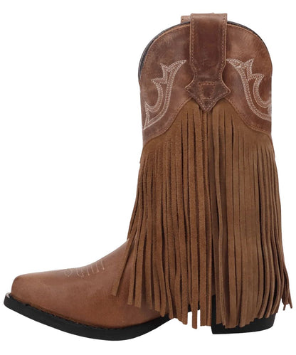 Left side view of the girl's 9" fashion boot featuring the fringe accents and pull tabs for an easy on