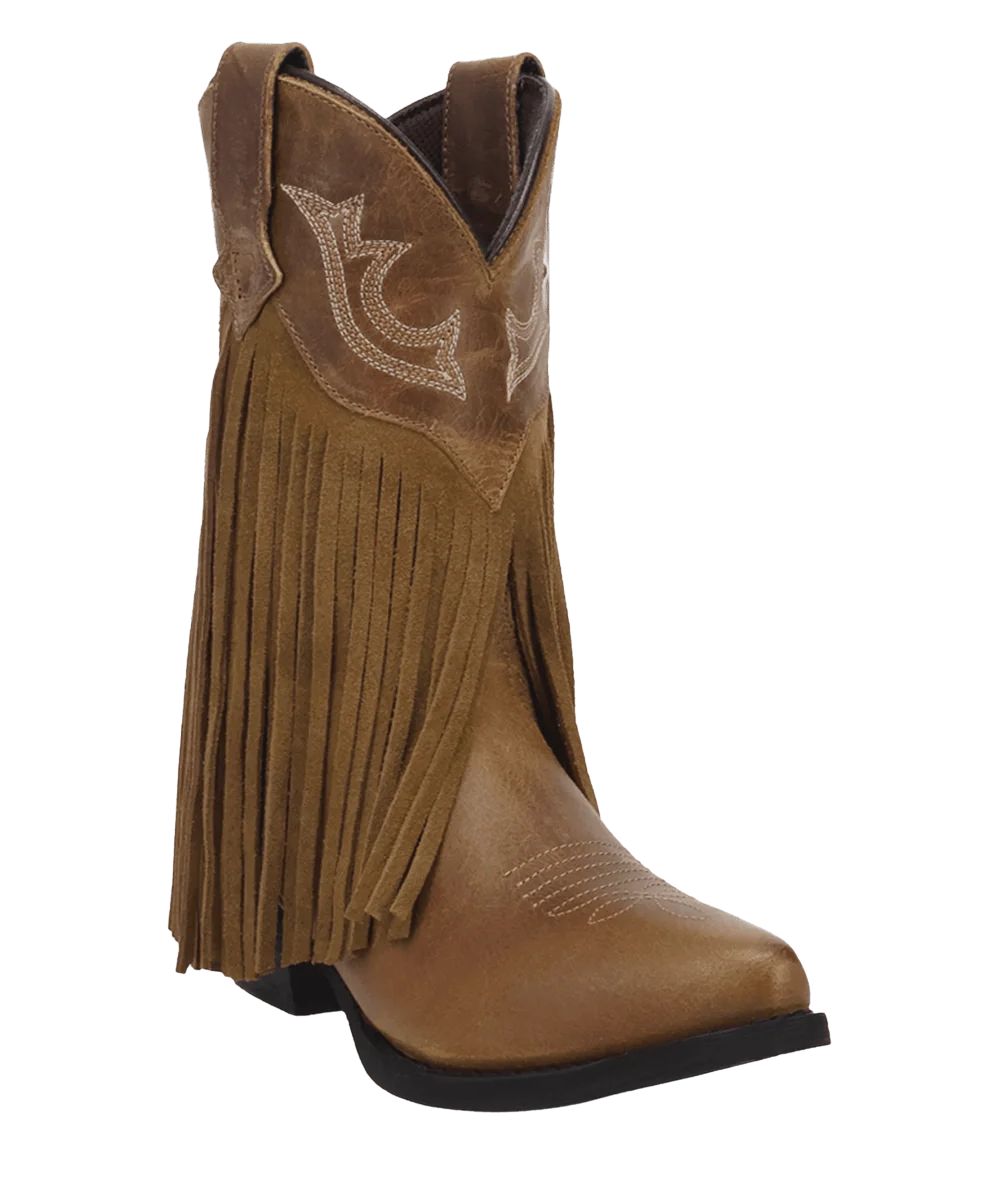 Right angled view of the girl's Dan Post Happy Trails Leather Youth Boot featuring the tan leather upper and fringe trim
