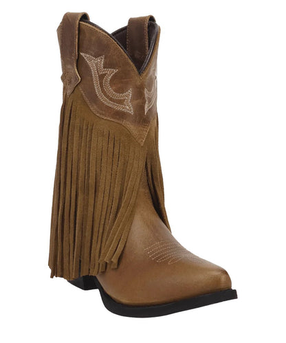 Right angled view of the girl's Dan Post Happy Trails Leather Youth Boot featuring the tan leather upper and fringe trim