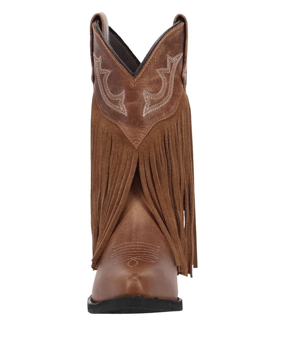 Front view of the girl's tan leather fringe boot featuring the narrow j pointed toe