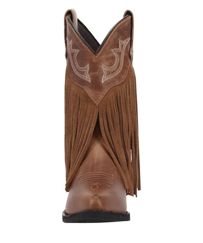 Front view of the girl's tan leather fringe boot featuring the narrow j pointed toe