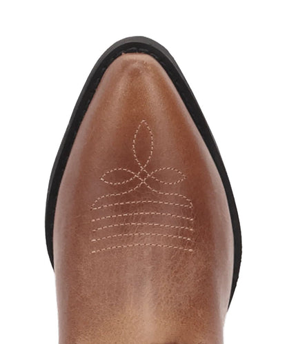 Birdseye close-up view of the narrow j pointed toe