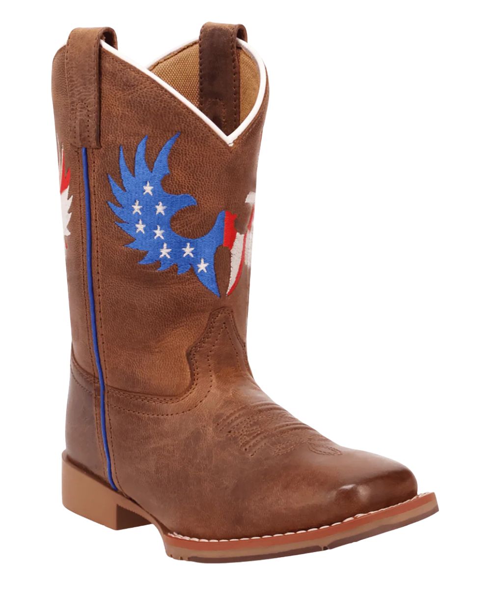 Kid's Tan Leather Boot With A Red, White, And Blue Embroidered Eagle On The Shaft