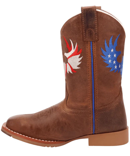 Kid's 9" Tan Leather Boot Featuring Blue Piping