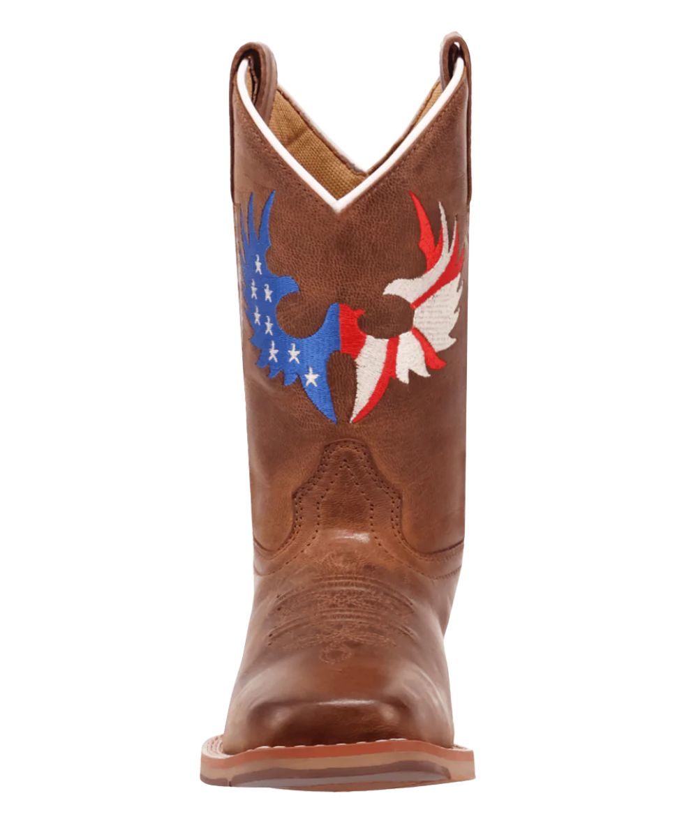 Stars And Stripes, Red, White, And Blue Embroidered Eagle Kid's Boot With A Broad Square Toe