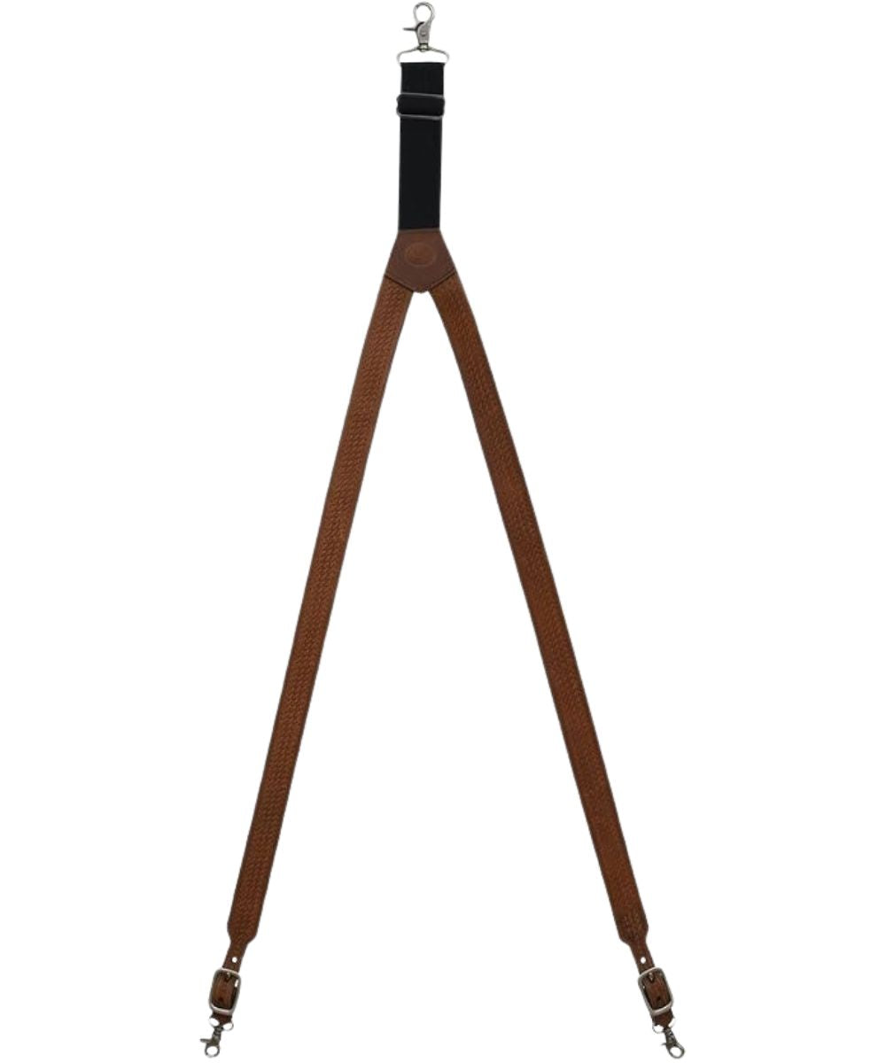 Men's y-back brown leather suspenders featuring a basketweave embossed design