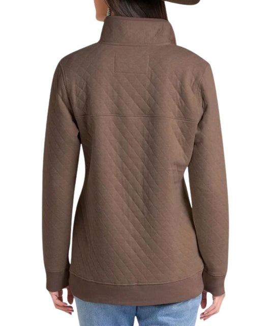 Back view of the women's brown long sleeve pullover featuring the mock neck