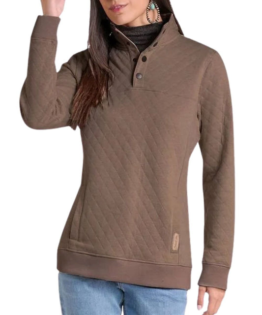 Front view of the women's chocolate brown Panhandle 1/4 snap pullover featuring the diamond quilted pattern and kangaroo pocket