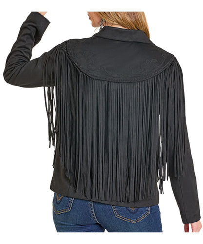 Back view of the women's fringe suede long sleeve jacket in black featuring the western embroidered yokes and bold fringe