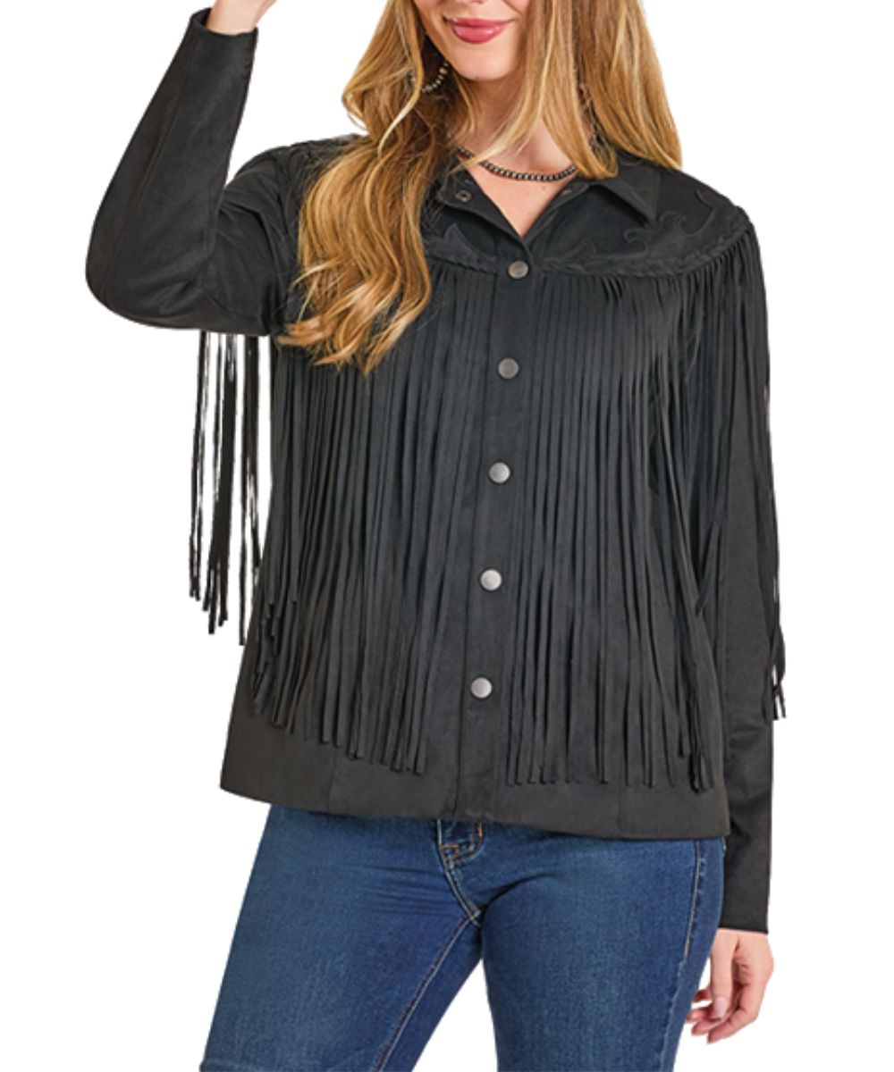Front view of the women's Rock & Roll Cowgirl Fringe Suede Jacket in black featuring the western embroidered accents on the yokes, snap front closure, and hand pockets