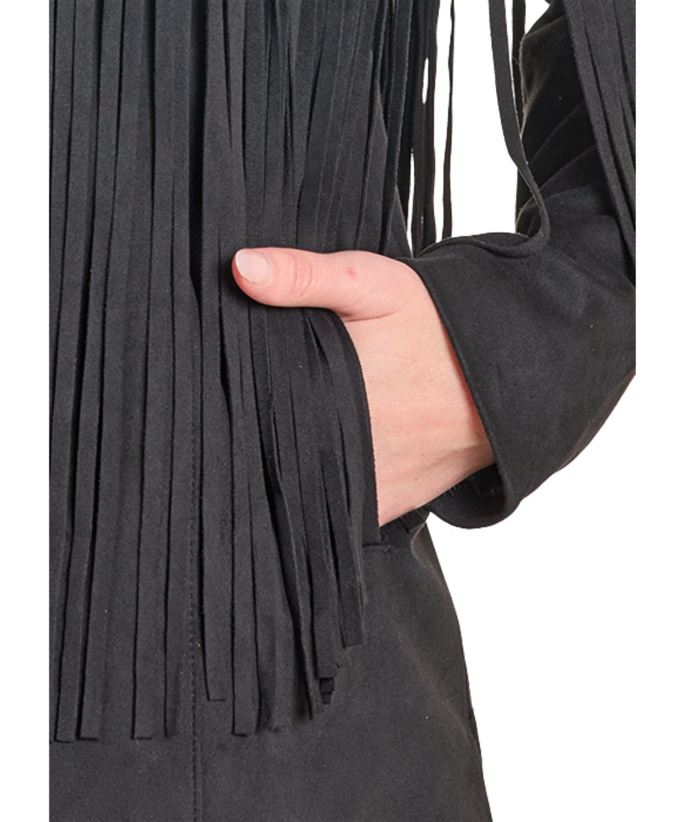Close-up view of the women's suede fringe jacket in black featuring the hand pockets
