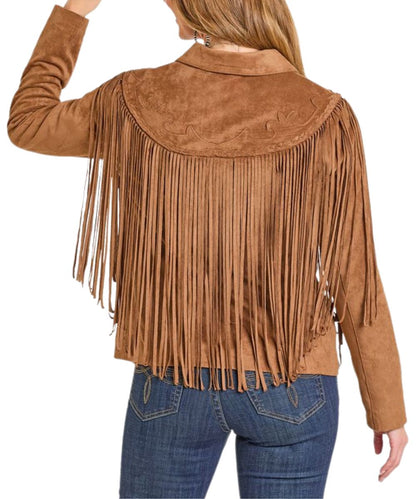 Back view of the women's fringe suede long sleeve jacket in camel brown featuring the western embroidered yokes and bold fringe
