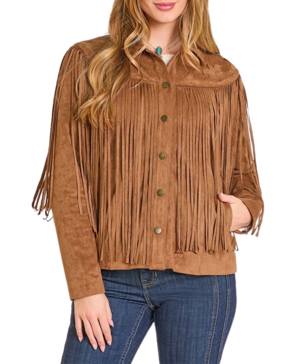 Front view of the women's Rock & Roll Cowgirl Fringe Suede Jacket in camel brown featuring the western embroidered accents on the yokes, snap front closure, and hand pockets