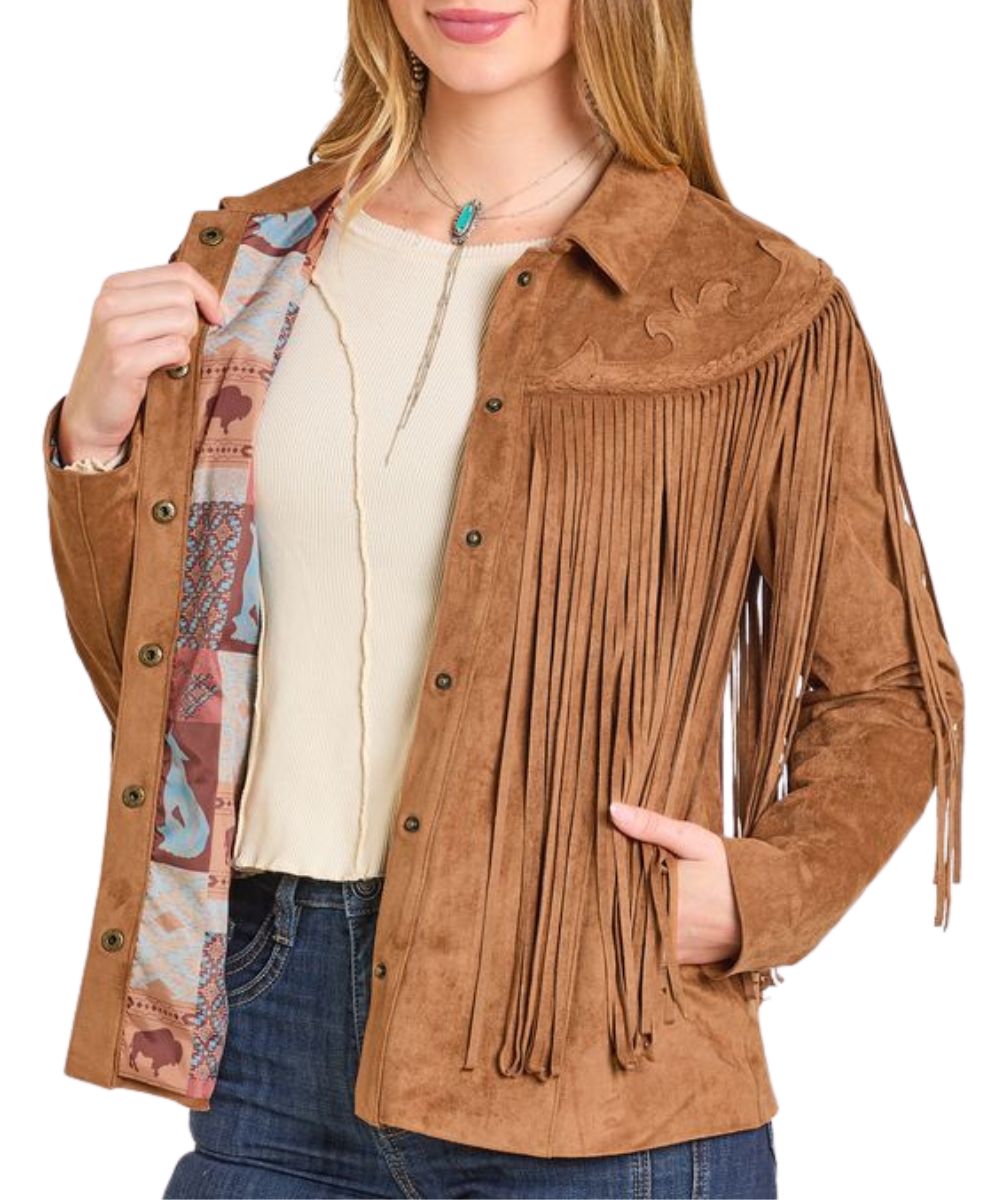 Close-up view of the contrast patterned interior lining on the women's camel brown jacket