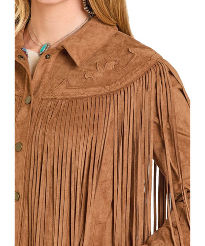 Close-up view of the women's suede fringe jacket in camel brown featuring the western embroidered yokes and bold fringe