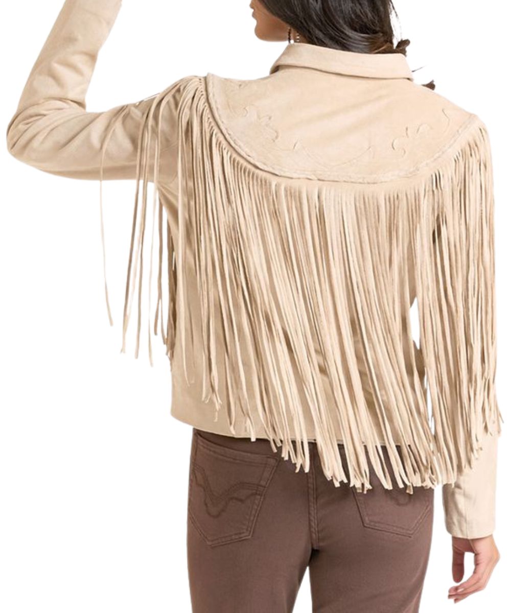 Back view of the women's fringe suede long sleeve jacket in natural featuring the western embroidered yokes and bold fringe
