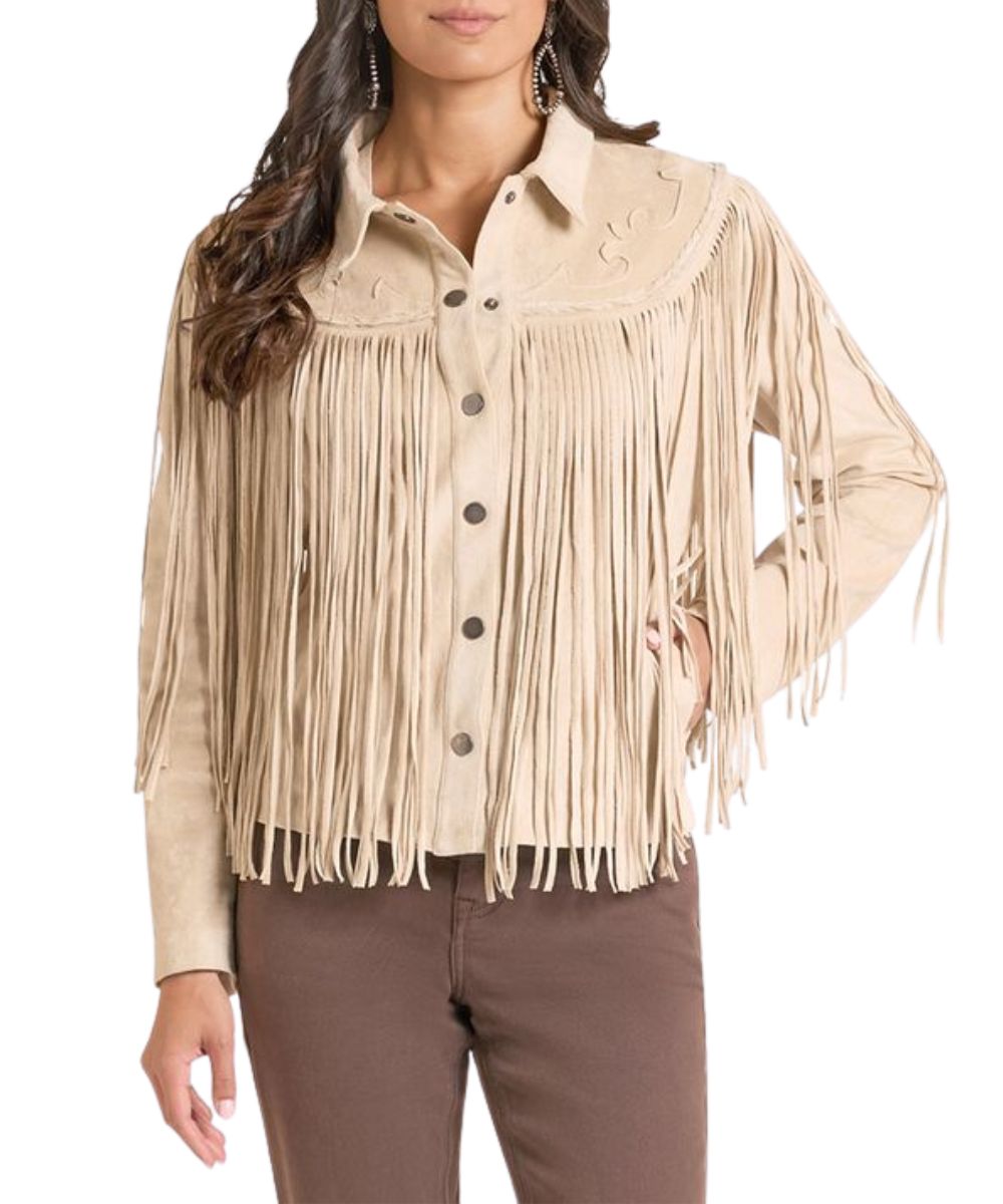 Front view of the women's Rock & Roll Cowgirl Fringe Suede Jacket in natural featuring the western embroidered accents on the yokes, snap front closure, and hand pockets
